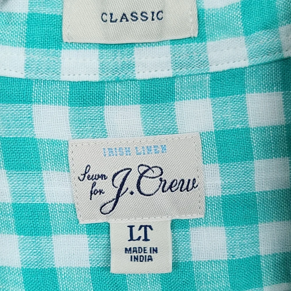 J. Crew Baird McNutt Irish Linen Green White Plaid Button Up Shirt Mens Size LT